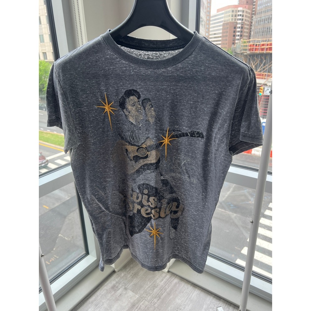 Elvis Presley Graphic T-Shirt Charcoal Gray Acid Wash Burnout XS Rock Band Tee